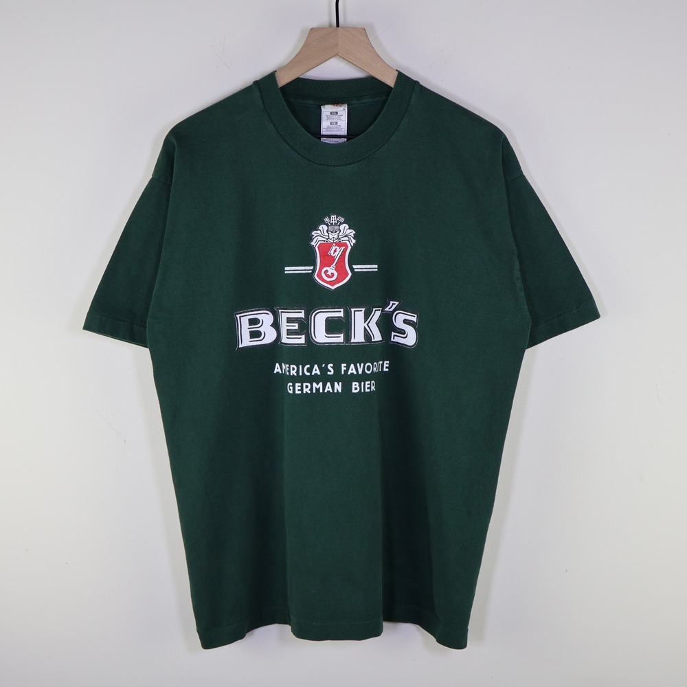Vintage 90s Becks German Beer T Shirt XL Green Fruit of the Loom Heavy Cotton